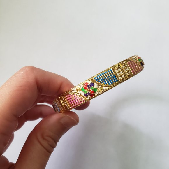 VTG Colourful Floral Gold Toned Bangle Bracelet - Picture 3 of 8